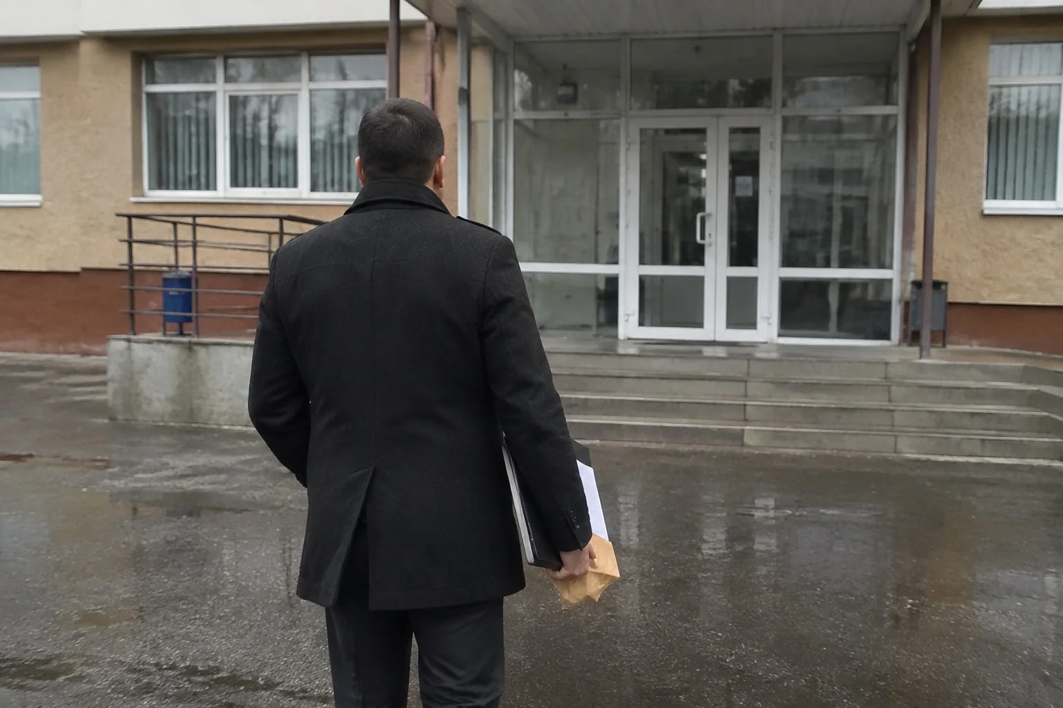 Представитель с папкой документов со спины у судебного здания